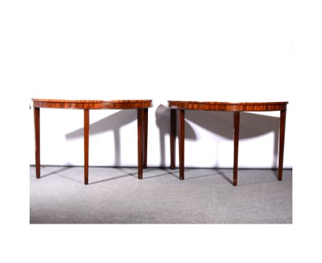 Pair of George III mahogany demi-lune table ends/console tables, frieze with bobbin moulded outlines, square tapering legs, 1