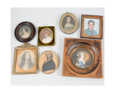 * Dumas, portrait of a lady, circular miniature, diameter 7cm, in a square shape stained beech frame; other miniatures, inclu
