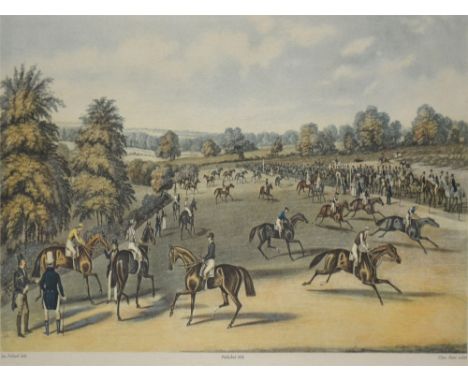 Four coloured prints - After Henry Alken "Johnson's Pedestrian Hobbyhorse Riding School", 29cm x 36cm Jas Pollard "Epsom Prep