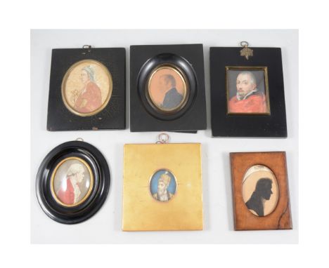 Mughal style portrait miniature, Emperor Shah Jahan, oval, 5 x 4cm, gilt frame; Regency silhouette portrait; other miniatures