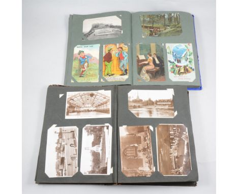 Three albums of early 20th Century and later postcards in a fibre board suitcase, topographical including Bedford, Rushden, D