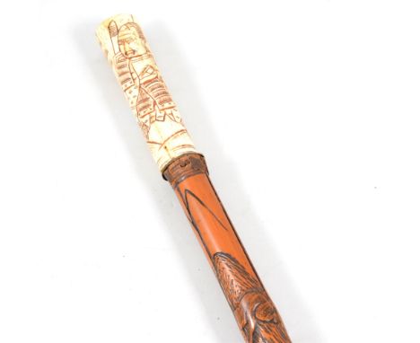 Early 20th Century Japanese carved bone and wood walking stick, 88cm.