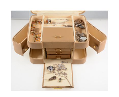 A Mele genuine leather jewel box with compartments and drawers containing a collection of vintage and modern silver jewellery