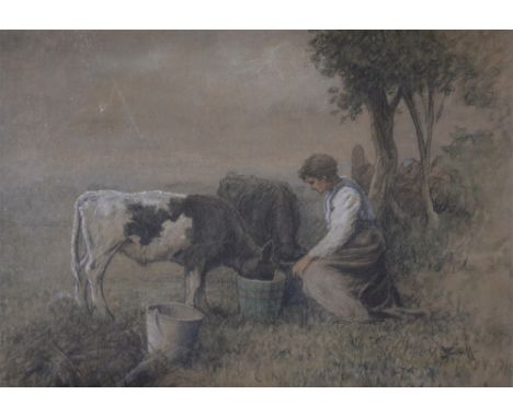 J K Duff, Feeding the calves, signed, pastel, 25cm x 35cm.