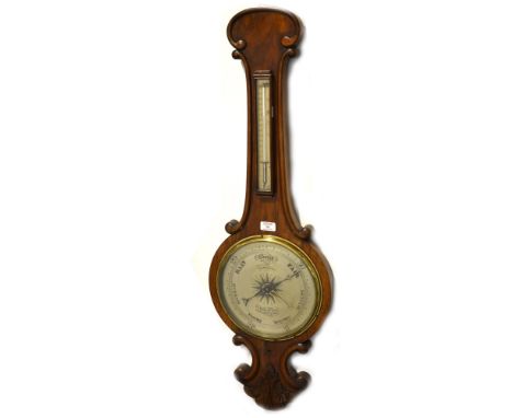 A Victorian walnut banjo shape barometer, silvered dial signed A Molteni, 3 Eyre Street, Hill, Leather Lane, thermometer over