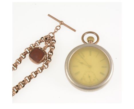 A rose metal double albert watch chain, graduated faceted belcher links fitted with a T bar, swivel and bolt ring, overall le