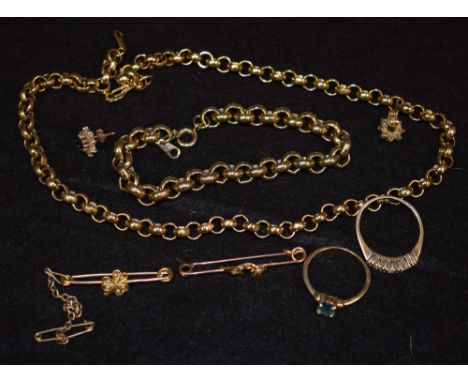 Jewellery - a 9ct gold and seed pearl floral bar brooch; another; rolled gold necklace; gold plated dress ring; etc (8)