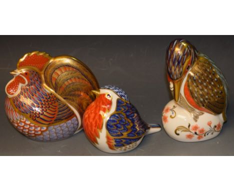 A Royal Crown Derby paperweight, Cockerel,  printed mark (first) ;  others, Kingfisher;  Robin( seconds) (3)