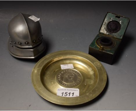 A Victorian travelling inkwell; a Medieval helmet desk weight; a Mary Queen of Scots dish (3)