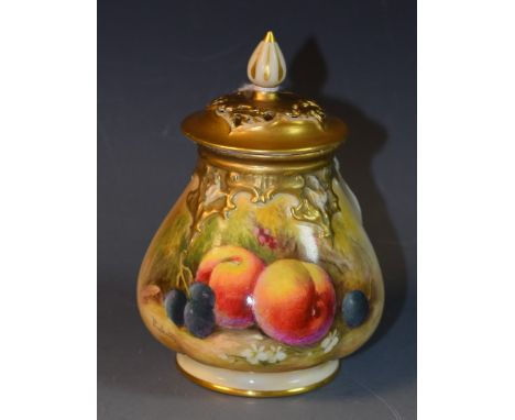 A Royal Worcester lobed ovoid pot pourri and cover, painted by Ricketts, signed, with peaches, blueberries and white flowers,