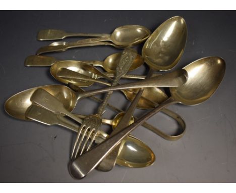A set of six Victorian teaspoons, hallmarked; other silver flatware, George III and later; qty, 15.5oz