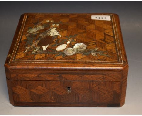 A 19th century French Transitional style canted square rosewood parquetry, mother-of-pearl and ivory marquetry casket, the hi