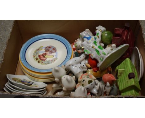 Ceramics - a set of six Midwinter Stylecraft nursery rhyme dishes; others, Barratts Holly Hobbit plates, pixie figures, money