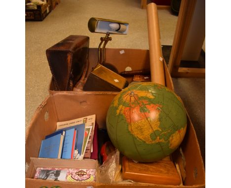 Boxes and Objects - a George Philip illuminated globe; a brass desk light; Freemasons regalia; wooden cigarette boxes, cooker