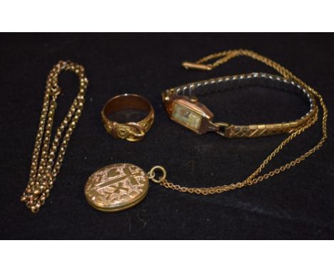 A 9ct gold buckle ring; a Belcher chain; a lady's 9ct gold cased bracelet watch; etc.; 14.4g gross