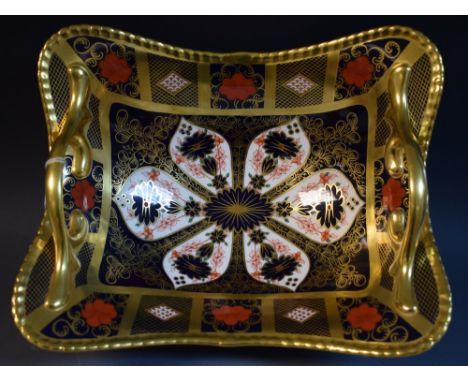 A Royal Crown Derby 1128 Imari solid gold banded basket, 9.5cm high, 29cm wide, first quality