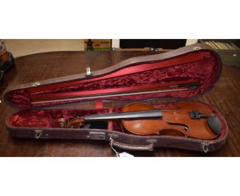 An Early 20th century French Le Victorieux violin, two piece back, 35.5cm long. cased with bow marked H R PFretzschner