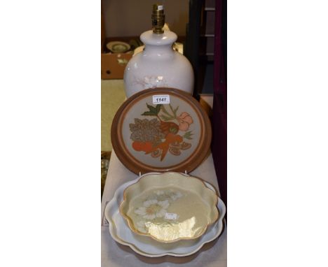 A Denby lamp base, printed with flowers on a mottled stone ground, 33cm high;  other Denby flan dishes (4)