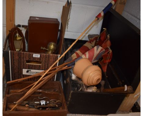 A Victorian oil lamp, cut glass reservoir; a small leather suitcase; glass shades; a collection of Union Jack flags, bunting;