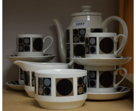 A Midwinter transfer printed monochrome coffee set, comprising coffee pot, cream jug, sugar bowl, six coffee cans and saucers