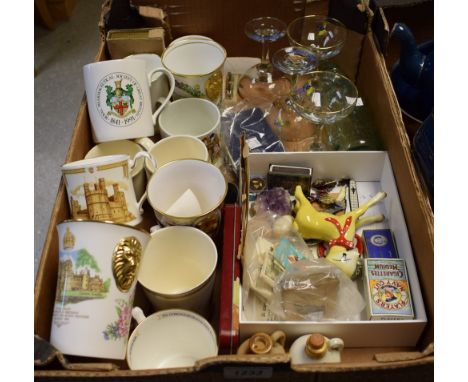 Boxes and Objects - a set of four Babycham glasses and ceramic advertising deer; Robertson's Golden Shred golly badges; comme