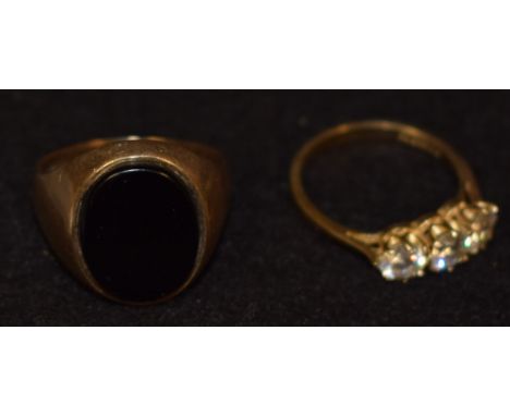 A 9ct gold onyx top seal stamp signet ring, plain matrix, stamped 375;  a cz trilogy ring, 9ct gold shank, 6.1g gross