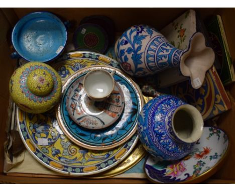 An Isnik style vase; others similar; ceramic wall/floor tiles; a miniature cloisonne dish; oriental ginger jars; qty