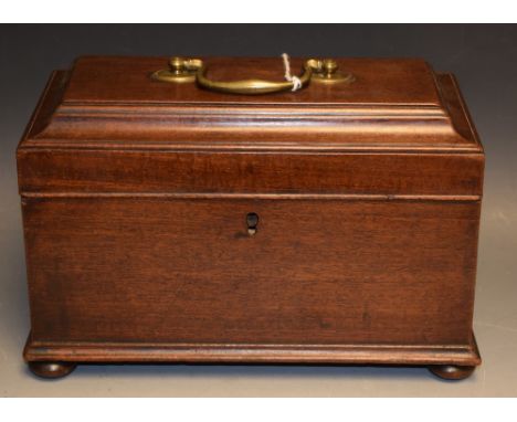 A George II/early George III mahogany rectangular tea caddy, moulded hinged cover enclosing three fitted divisions, brass swa