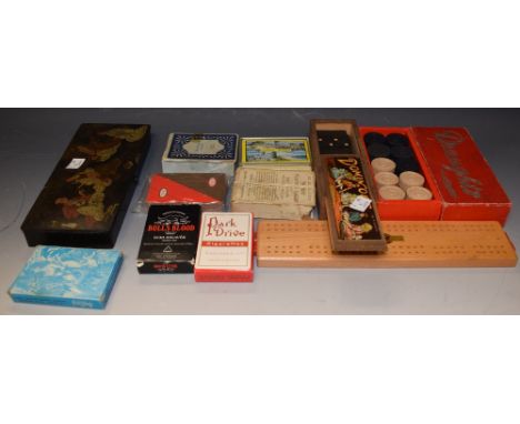 Toys and games - an early 20th Century set of dominoes in wooden  box, paper label; sets of playing cards, one glamour; a Jap