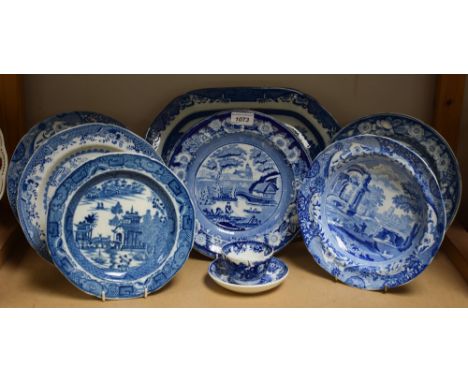 A Wedgwood British Scenery plate, printed in underglaze blue with figures boating, 24.5cm diam, c.1830;  another;   a Spode I