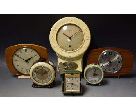 Clocks - a Smith's eight day wall clock, key and pendulum; a Ferranti Bakelite electric alarm clock; others, Smith's teak eff