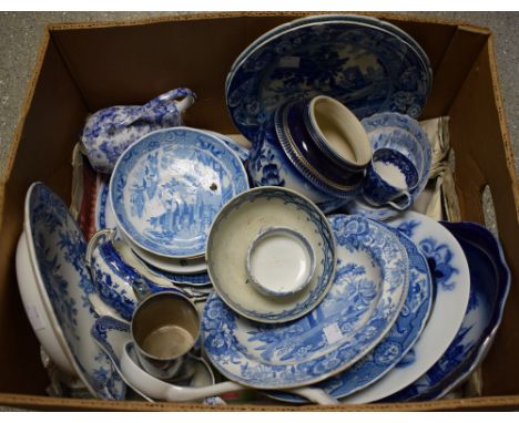 A Victorian blue and white transfer printed plate, jug, mug, ladle, saucers; others similar; qty (1 box)