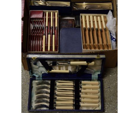 Flatware - EPNS and bone fish set; others, chrome, stainless steel, etc.; a silver mounted bread knife, mother of pearl handl