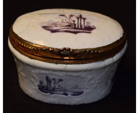 An 18th century enamel oval table snuff box, decorated in puce with vignettes of Classical ruins, on an opaque ground applied