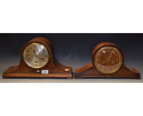 An oak Napoleon mantel clock, three winding holes, chiming movement; another (2)