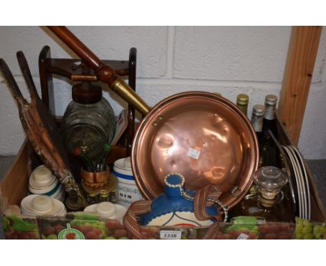 Household Sundries - a bottle of Plum brandy;  another, miniatures, drinks barrel and stand; beers, decanter , warming pan et