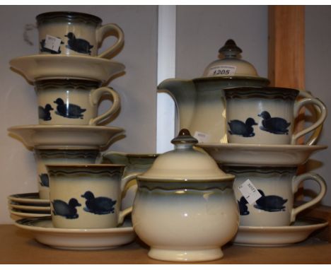 Noritake stoneware - coffee set, pale blue glaze, duck design, comprising coffee pot; six cups and saucers; sucrier and milk 