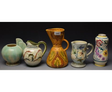 A Wade Heath Flaxware jug; a Poole vase; a Denby Glynware jug; similar mug (5)