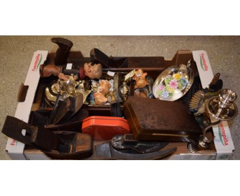 A Horby woodworkers' plane; two others; a clockwork figure of Popeye, mid 20th Century;Wade Whimsies; silver plated candlesti
