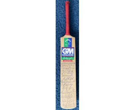 A Mini Gunn and Moore Cricket Bat Signed by 14 members of the Warwickshire C. C. C. Squad from approximately the 1996 or 1997