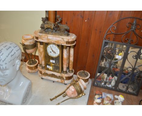 A large marble and gilt metal two hole mantel clock with a pair of matching garnitures AF - key on rostrum