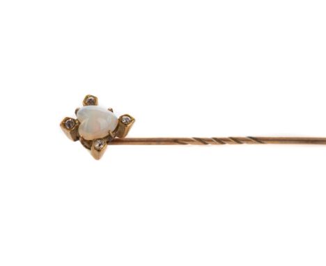 OPAL AND DIAMOND STICK PIN, set with a heart shaped opal flanked by old cut diamonds totalling approximately 0.08 carats, unm