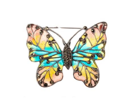 PLIQUE A JOUR BUTTERFLY BROOCH, set with marcasites and coloured enamel wings, 58mm wide, marked 925