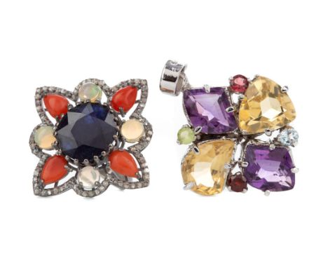 GEM SET PENDANT, with amethyst, citrine, garnet, peridot and aquamarine stones, in silver, along with a sapphire, Ethiopian o