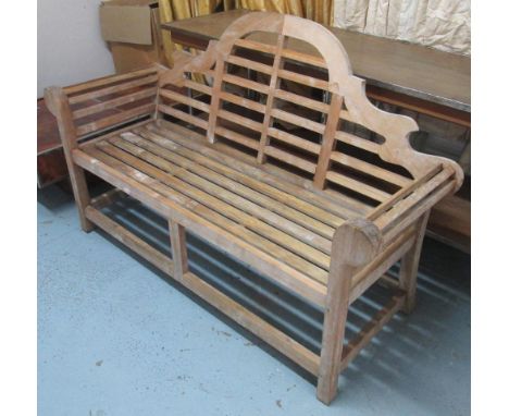 GARDEN BENCH, Lutyens style, with a slatted back, sides and seat, 165cm L x 104cm H. (with faults)