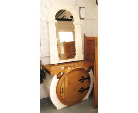 CABINET, prototype, Tolkien inspired, circular with mirror back, 120cm x 55cm x 91cm H, mirror 140cm x 92cm.