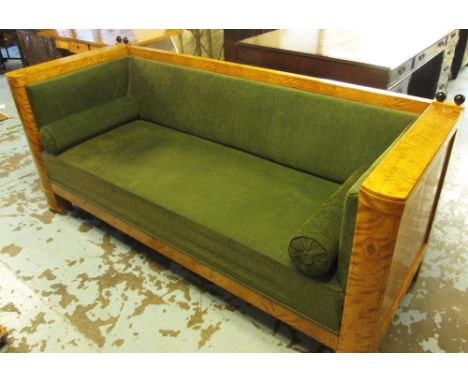 SOFA, early 20th century Biedermeier style satinbirch and ebonised with green upholstery and bolster cushions, 216cm L. (with