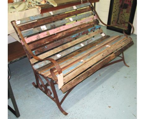 BENCH, slatted wood and wrought iron with scroll decoration, 122cm.