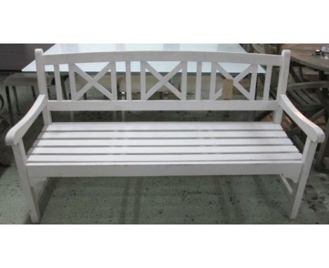 GARDEN BENCH, vintage slatted and white painted with curved back, 160cm W.