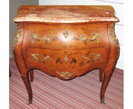 BOMBE COMMODE, Louis XV style rosewood and marquetry with marble top above two drawers, 80cm H x 83cm x 43cm. (with faults)